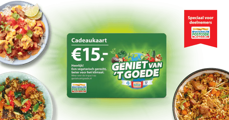 Cadeaukaart Geniet van ’t Goede van vijftien euro, tussen borden met eten