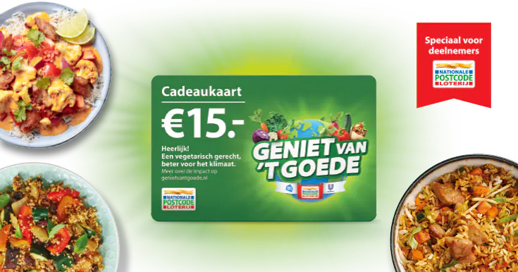 Cadeaukaart Geniet van ’t Goede van vijftien euro, tussen borden met eten