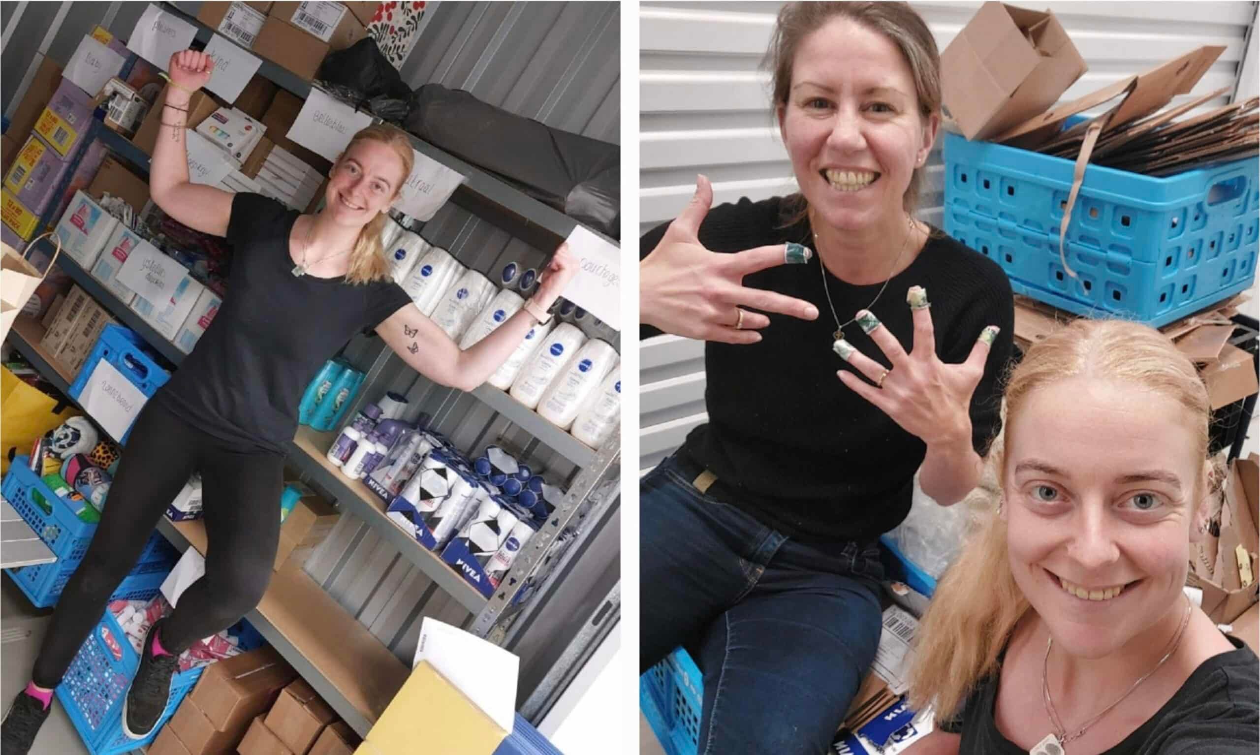 Vrijwilligers tussen schappen vol boodschappen voor de zomerpakketten